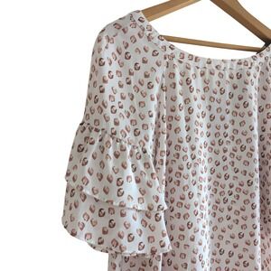 Loft Outlet Womens Large White Terracotta Animal Print Tie Neck Ruffle Blouse